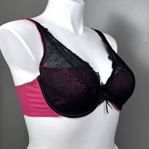 Vintage Y2K Cacique Bra 40D Hot Pink Black Lace Satin Underwire Plus Size